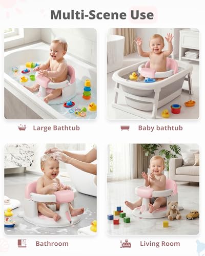 ONTHEWEI Baby Bath Seats for Babies Sitting Up, Non-Slip Baby Bathtub with 3 Suction Cups, Safe & Comfortable Toddler Bath Seat Ideal for Baby Bath/Shower Support, Stable Design, Pink (6-24 Months)