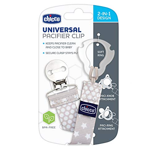 Chicco Two-in-One Pacifier Clip with Loop & Ring Attachment, Loop for Teethers and Small Toys, Ring Included for Knob-Style Pacifiers, Secure Clasp is Gentle on Clothing, One-Piece Design, Grey