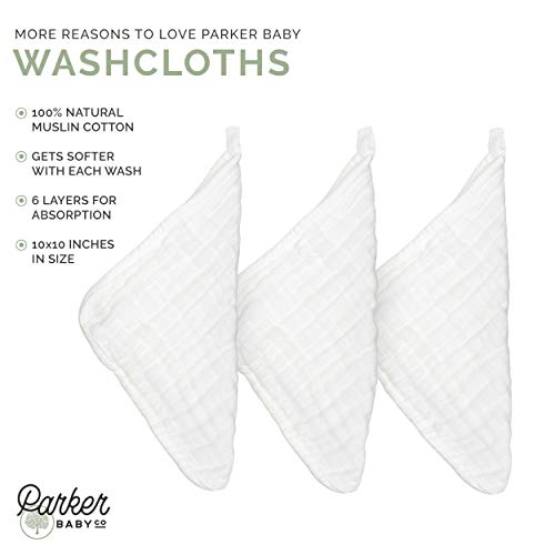 Parker Baby Washcloths - 6 Pack of 100% Cotton Muslin Wash Cloths - Soft, Absorbent and Natural - White