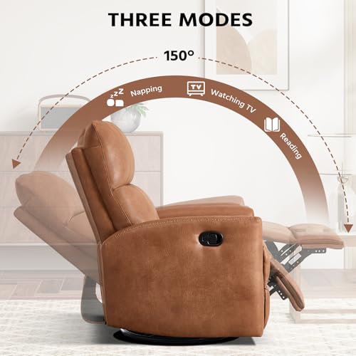 HAOMARKETS Swivel Rocker Recliner Chair, Manual Faux Leather Glider Rocking Recliners for Adults, 360° Swivel Nursery Reclining Sofa with Padded Backrest for Living Room, Dark Brown