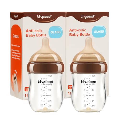 Thyseed Anti-Colic Glass Baby Bottle for Breastfed Infants, Natural Feeding, Breast-Like Newborn Slow Flow Nipple (1m+), 5 oz, 2 Pack