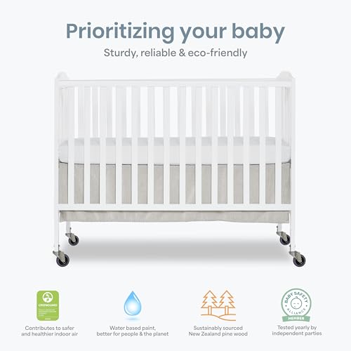 Dream On Me Folding Full Size Convenience Baby Crib with Durable Metal Wheels, Portable Space-Saving Design, 2 Adjustable Heights, Easy Fold Flat Storage, GREENGUARD Gold & BSA Certified, White