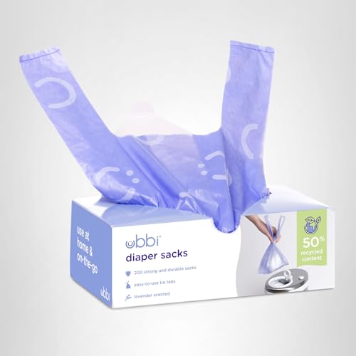 Ubbi Disposable Diaper Sacks, Lavender Scented, Easy-To-Tie Tabs, Diaper Disposal or Pet Waste Bags, 200 Count