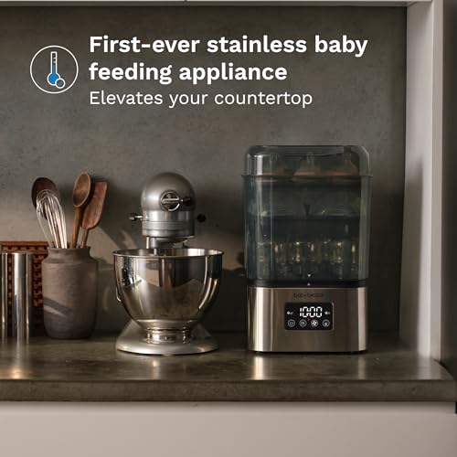 Baby Brezza 10 Minute SuperQuick Bottle Sterilizer + Dryer - Large 8 Bottle Capacity - Steam Sanitization – Universal Fit for All Bottles: Plastic + Glass + Pacifiers + Breast Pump Parts, Stainless