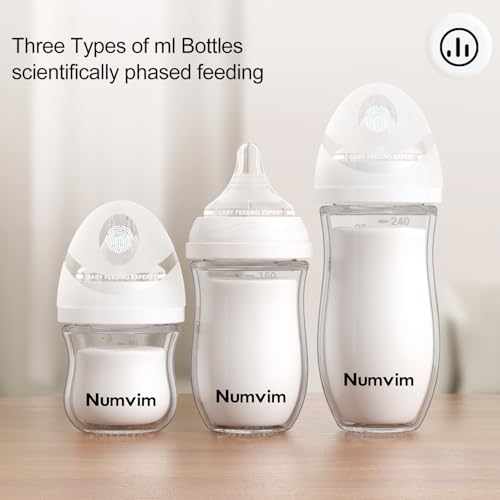 Numvim Natural Glass Baby Bottles with Gentle & Slow Flow Nipples, Newborn Breastfeeding Bottle, Anti-Colic, Includes M Nipples(3 Month+),3 Packs (White 8 Oz)