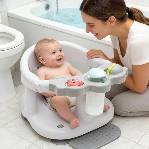 Baby Bath Seat for Babies 6 Months & Up with Toy Tray,Non-Slip Suction Cup Baby Bath Chair for Babies Sitting Up (Grey)