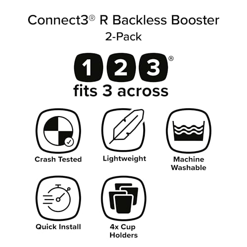 Diono Connect3 R Backless Booster Pack of 2, Slim Fit 3-Across in Many Mid-Sized Sedans and SUVs, for Children from 40-120 lbs., Lightweight with Cupholder, Black Storm