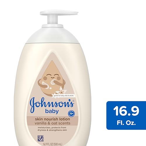 Johnson's Skin Nourishing Baby Lotion, Vanilla & Oat Scents, Hypoallergenic Baby Body Lotion for 72 Hour Hydration Until Baby's Next Bath Moisturizes & Protects from Dryness, 16.9 fl. oz