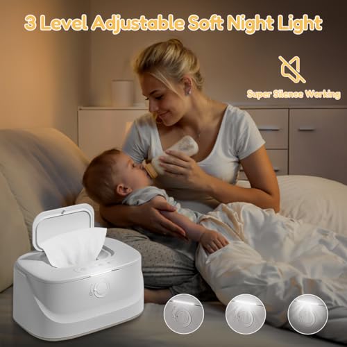 Baby Wipe Warmer with Night Light,Innovative Spring Design,Baby Wet Wipes Dispenser for Large Wipes,Wipes Warmer for Newborn Baby,Temperature Display,3 Modes of Temperature Heating Control