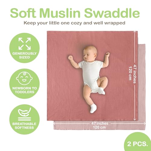 infancie Organic Muslin Baby Blanket 2-Pack Rose & Peach, 47x47 Inch 100% Organic Cotton Oeko-TEX Certified Hypoallergenic Swaddle Blanket for Newborn Girls, Elegant Baby Girl Shower Gift
