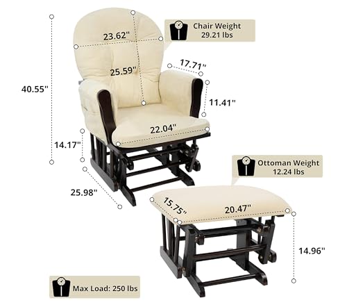 Naomi Home Brisbane Glider and Ottoman Set with Smooth Rocking & Gliding Motion, Ergonomic High-Back Support, Cushioned Armrests, Solid Wood Base, Storage Pockets, Espresso/Cream Nursery Chair