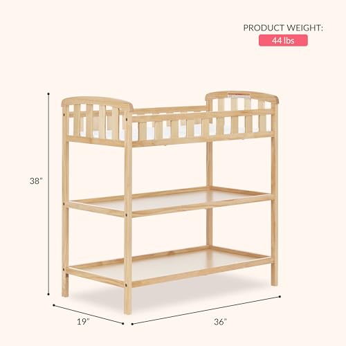 Dream On Me Emily Changing Table, Compact and Lightweight, Solid New Zealand Pinewood, Elevated Safety Rails, Two Storage Shelves, Includes Water-Resistant 1" Changing Pad — Natural