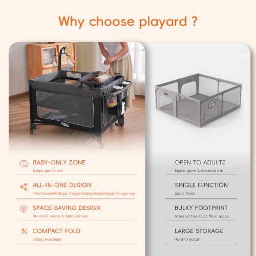 Pamo Babe Magic Fold Pack and Play with Bassinet 1 Step Set Foldable Playards Baby Playard with Changing Table Portable Playpen with Zip Door