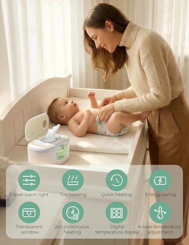 Momcozy New Baby Wipe Warmer, Large Capacity Wipe Dispenser Compatible with 60-80pcs,10-Min Fast Heating,4 Temperature Modes,Innovative Spring Design,Silicone&Top Seals,Even Heating,3-Level Nightlight