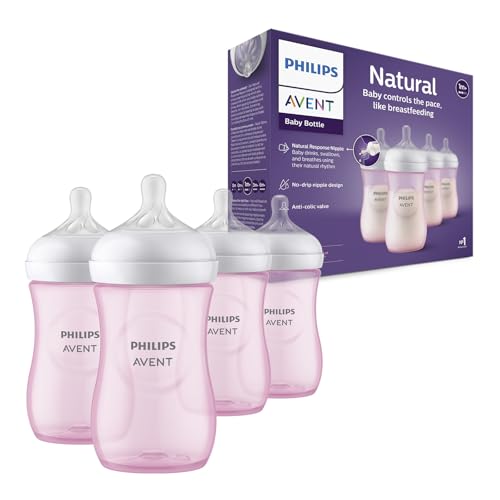 Philips Avent Natural Baby Bottles with Natural Response Nipples (Medium Flow, Flow 3), 9oz, Pink, 4-Pack, SCY903/14