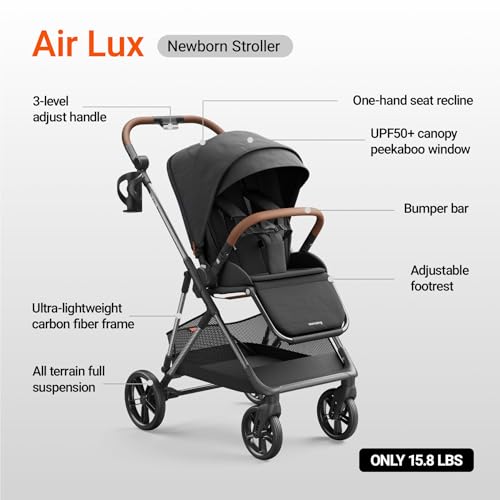 MAMAZING Air Lux Baby Stroller, Carbon Fiber Frame Only 15.8lbs, Compact Fold Toddler Stroller with Reversible Seat with Infant Insert, Included UPF 50+ Canopy, Large Storage Basket & Car Seat Adapter