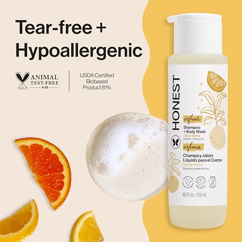 The Honest Company 2-in-1 Cleansing Shampoo + Body Wash | Gentle for Baby | Naturally Derived, Tear-free, Hypoallergenic | Citrus Vanilla Refresh, 18 fl oz