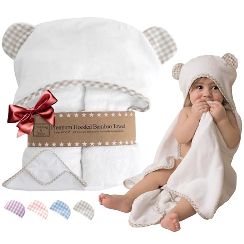 Channing & Yates Premium Organic Baby Towel Set - Soft Viscose Bamboo Hooded Towel & Washcloth - Girl & Boy Bath Essentials (Beige/White)