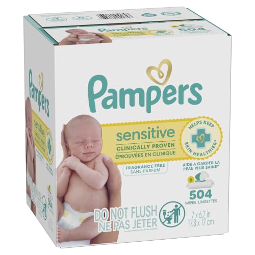 Pampers Sensitive Baby Wipes, Clinically Proven, Fragrance Free, Unscented, Water Based, Hypoallergenic, Multi-Use, Hand Wipes 504 Wipes Total (6X Flip-Top Packs) [Packaging May Vary]