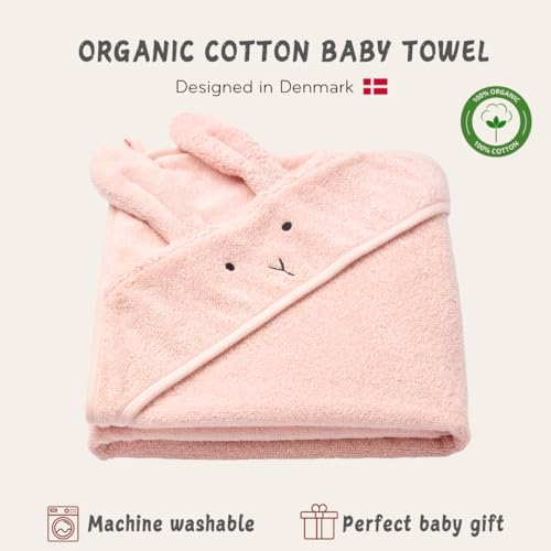 Huxie Hooded Baby Towel – 100% Organic Cotton Baby Bath Towels – Baby Girl Newborn Essentials - Super-Soft and Absorbent. (Rabbit - Blush)