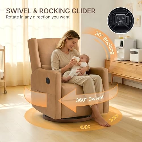 KISLOT Faux Leather Recliner Swivel Glider, 360° Rotation Nursery Chair Upholstered Reclining Rocker with Wood Base for Living Room Bedroom Nursery