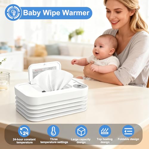 Baby Wipe Warmer, Portable Diaper Wipe Warmer, Foldable Wipe Heater and Dispenser, Wet Wipes Warmer with 3 Temperature Settings and Digital Display for Bathroom