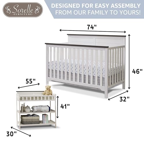 Sorelle Furniture Farmhouse 3-Piece Nursery Set with 4-in-1 Convertible Crib, 4-Drawer Dresser, and Changing Table with Shelves, Baby Furniture Made of Wood, Non-Toxic Finish-Chocolate and White