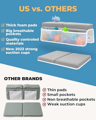 Comfortable Baby Bath Kneeler and Elbow Rest Pad Set – Thick Memory Foam Bath Kneeling Pad with Elbow Support – Baby Bathtub Cushion with Toy Organizer for Bathing Infant or Toddler - Grey