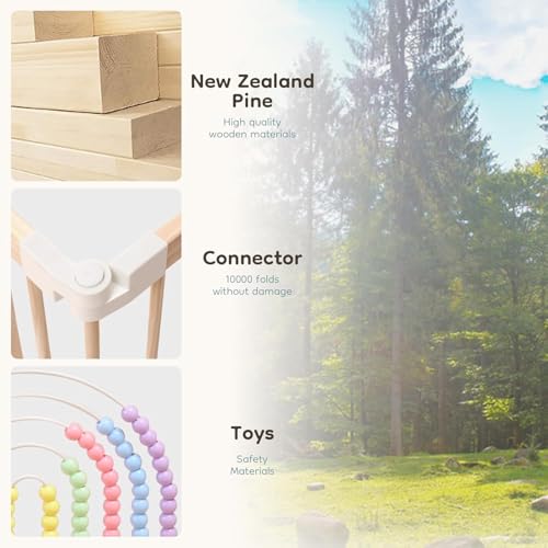 Ulnxiy Wooden Baby Playpen with Montessori Toys, 8-Panel Foldable Wood Play Yard for Toddlers, 56"x56" Large Baby Fence with Safety Lock, CPC Certified Natural Pine Wood Activity Center