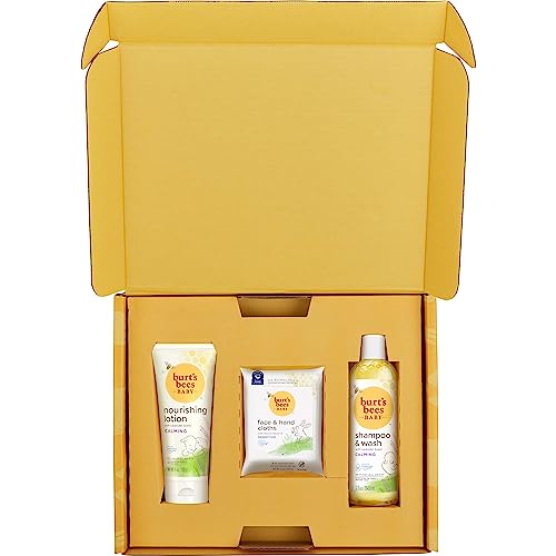 Burt's Bees Baby Gift Set for Baby Showers, Includes Baby Essentials, Shampoo and Wash with Lavender, Body Lotion, Wipes and Cloths, Naturally-Derived Origin Skincare, 3 Count