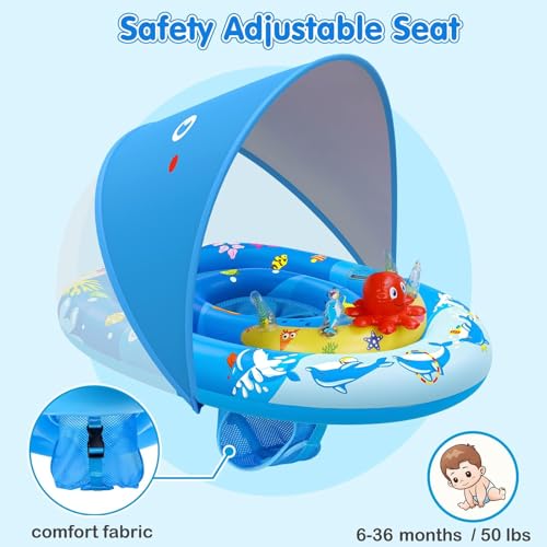 EZIGO Baby Pool Float with Canopy UPF50+ Sun Protection, Inflatable Kids Pool Floats with Ocean Animal Toys for Babies 6-36 Months, Infant Swimming Float with Adjustable Safety Seat for Boys Girls
