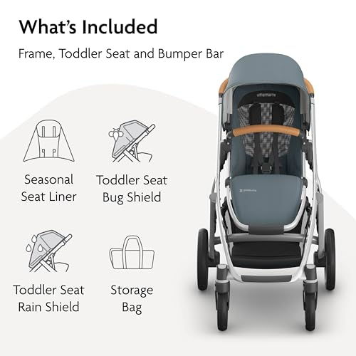 UPPAbaby Vista V3 Stroller - Full-Size Single-to-Double Stroller System - Toddler Seat, Bug Shield, Rain Shield, and Storage Bag Included - Callum (Stone Blue/Silver Frame/Sand Leather)