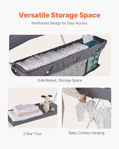 VEVOR Baby Changing Table, Foldable Diaper Change Station with Side Basket, Adjustable Height Changing Table with Lockable Wheels, Multi-Functional Nursery Storage Organizer, Dark Gray