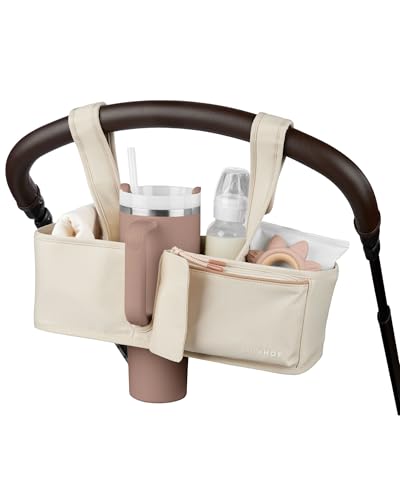 Skip Hop Ultimate Stroller Organizer Universal Fit with Adjustable Straps, Magnetic Flaps and Convertible Design that fits 40 oz. Tumblers, Oat