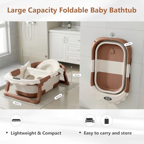 MoreFeel Foldable Baby Bathtub with Thermometer - 4-in-1 Grow-with-Me Collapsible Infant Tub (Newborn to Toddler) with Adjustable Mesh Sling - Space Saving Design