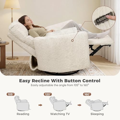 SENYUN Power Swivel Rocker Recliner for Adults, Large Glider Rocking Chair w/ 2 Pillows, USB and Type-C Ports, Night Light, Fluffy Plush Nursery Chair for Living Room, Bedroom,Nursery, Beige