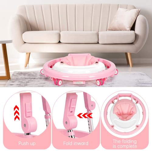 Baby Walker Foldable with 9 Adjustable Heights, Baby Walker with Wheels Portable, Infant Toddler Walker for Baby Boy Girls 6-18 Months (Pink)