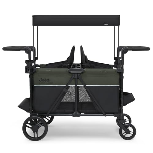 Jeep Aries Stroller Wagon by Delta Children Premium Wagon for 2 Kids with Convertible Seats, Adjustable Push/Pull Handles, Removable Canopy & Flat Fold - Greenguard Gold Certified, Black/Green