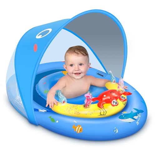 LAYCOL Baby Pool Float with Canopy UPF50+, 120°Adjustable Sun Protection and Anti-Tip Safety Seat, Inflatable Toddler Floaties Infant Pool Float with Animal Pool Toys, Baby Beach Essentials for 6-36M
