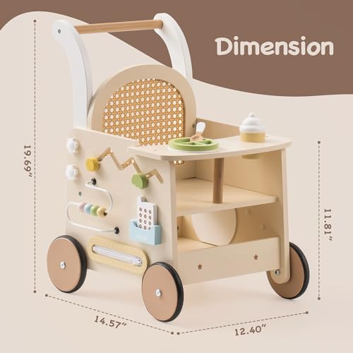 ROBOTIME Wooden Baby Walker, Baby Push Walker, Baby Activity Center Toys - Toddler Walking Activity Center Push Toys with Safety Brake, Baby Walker for Motor Skills (Rattan Doll Walker)