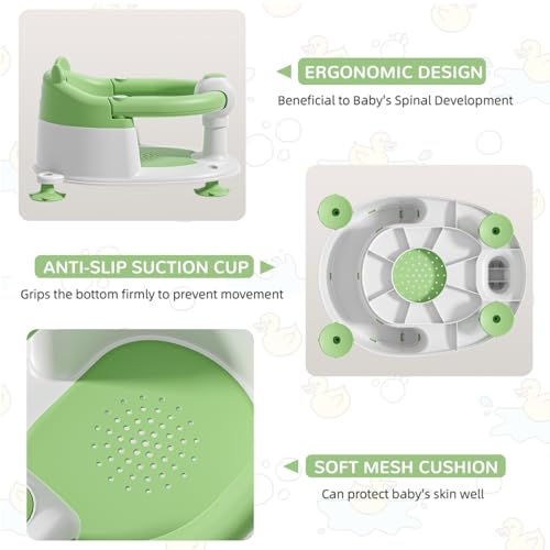 Baby Bath Seat for Babies 5-10 Months, Non-Slip Toddler Bath Seats for Babies Sitting Up, Safe Infant & Newborn Bathtub Chair with 4 Suction Cups & Soft Cushion for Shower,Green