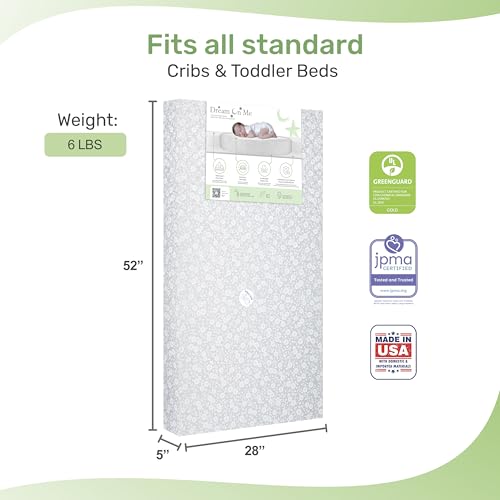 Dream On Me Dreamland Orthopedic Firm Fiber Crib and Toddler Bed Mattress, Greenguard Gold and JPMA Certified, Waterproof Vinyl Cover, Dual-Sided Mattress, Grey, Made In The U.S.A