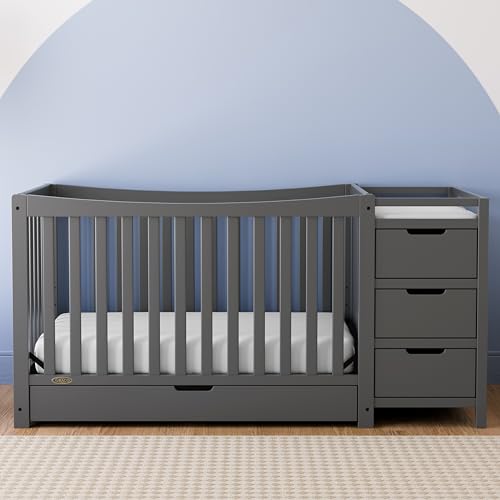 Graco Remi 4-in-1 Convertible Crib & Changer – GREENGUARD Gold Certified, Fits Standard Crib Mattress, Converts to Toddler Bed and Full Bed, 4 Adjustable Mattress Heights (Gray)