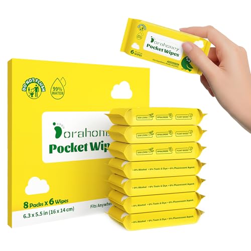 Dorahoney Unscented Travel Wet Wipes, 99% Purified Water Mini Wipes for Sensitive Skin, Hypoallergenic & Plastic-Free Pocket Wipes, 48 Count (8 Packs of 6)
