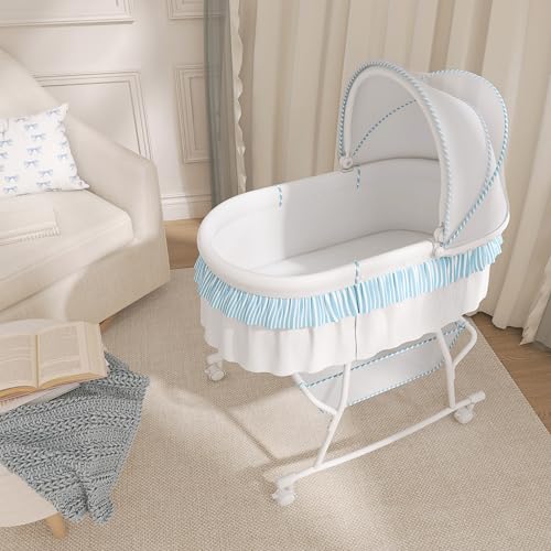 Dream On Me Lacy Portable 2-in-1 Bassinet & Cradle with Full Canopy, Storage Basket, Locking Wheels, Lightweight Frame, BSA Certified, Includes 1” Mattress Pad-Pink an White