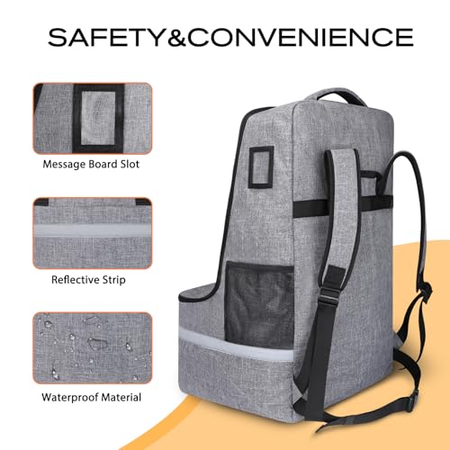 LARIPOP Car Seat Travel Bag for Airplane, Universal Gate Check Car Seat Bag, Padded Backpack with Waist Belt, Reflective Strips & Protective Feet, Fits Infant Convertible Booster Seats, Grey