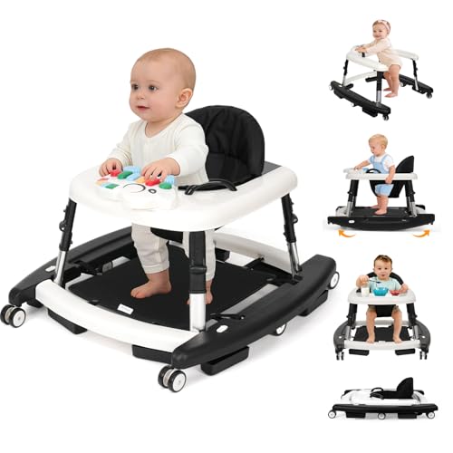 Tickeagle 5-in-1 Baby Walker for Boys and Girls Music and Lights 6-18 Month, Foldable Baby Walkers with 5 Adjustable Heights, Infant Toddler Walker with Wheels and Combo Portable(Black)