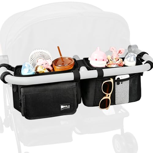 ZZM Double Stroller Organizer with 2 Cooler Pockets,Compatible for Bob Duallie, Jeep and Baby Jogger City Mini GT2, Double Baby Stroller Accessories, Parent Console Double Jogging Stroller Organizer