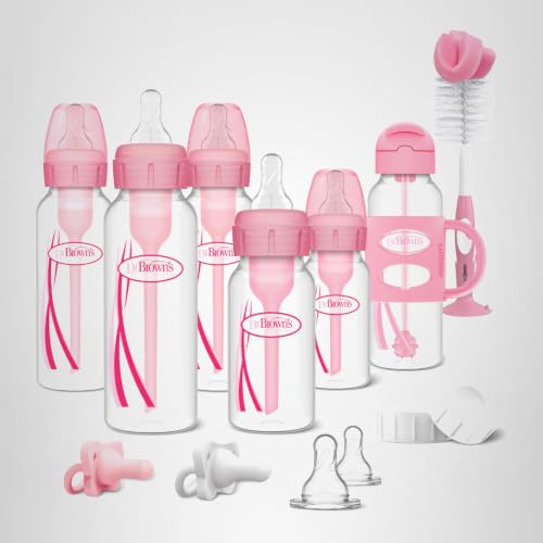 Dr. Brown's Anti-Colic Options+ Narrow Bottle Gift Set with Sippy Straw Bottle, HappyPaci Silicone Pacifiers, Storage/Travel Caps, and Bottle Brush, Pink