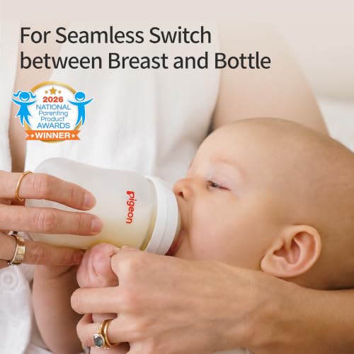 Pigeon Silicone Coating (Glass Inside/Silicone Outside) Baby Bottle, Wide Neck, Streamlined Body, Natural Feel, Easy to Clean, Heat-Resistant, 5 Oz (Pack of 2), Includes 2 pcs SS Nipples (0m+)